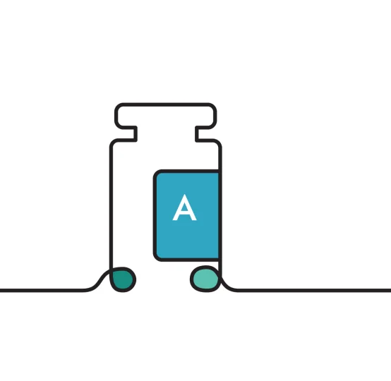 Stylized bottle illustration with the letter A, representing nutrient availability in animal nutrition.