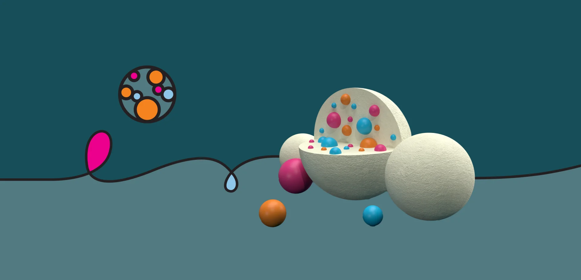 3D illustration of a Jefo microcapsule with controlled release, showing layered encapsulated colorful nutrients inside.
