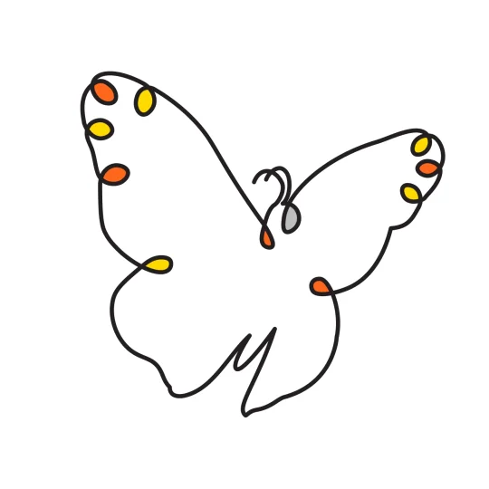Stylized butterfly in flight with colored spots, symbolizing the completion of the animal nutrition lifecycle.